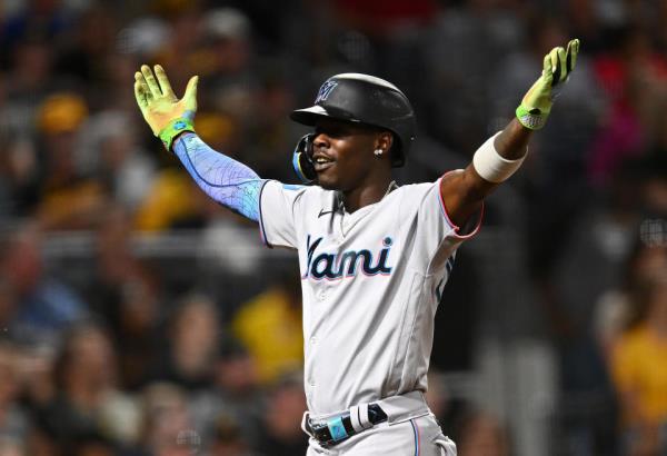 PITTSBURGH, PENNSYLVANIA - SEPTEMBER 30:  Jazz Chisholm Jr. #2 of the Miami Marlins celebrates his solo home run during the third inning against the Pittsburgh Pirates at PNC Park on September 30, 2023 in Pittsburgh, Pennsylvania. (Photo by Joe Sargent/Getty Images)